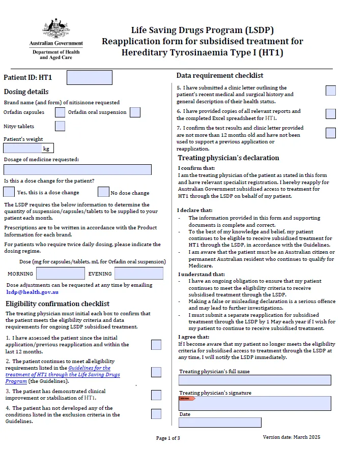 Life Saving Drugs Program – Hereditary tyrosinaemia (type 1) – Reapplication