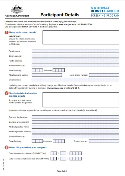 National Bowel Cancer Screening Program – Participant details form (March 2025)