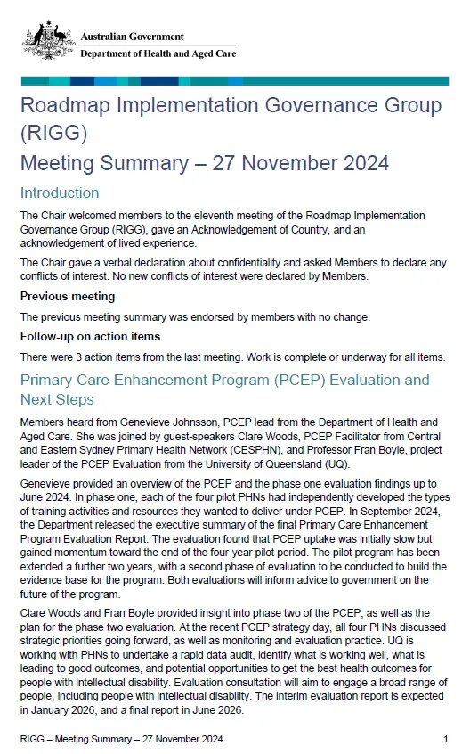 Roadmap Implementation Governance Group (RIGG) – Meeting Summary 27 November 2024 Cover page