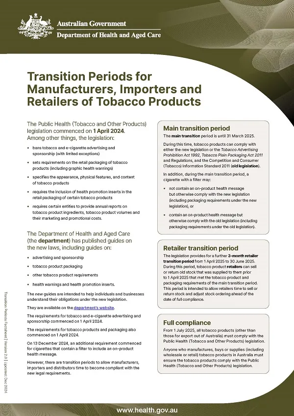 Transition periods for manufacturers, importers, and retailers of tobacco products