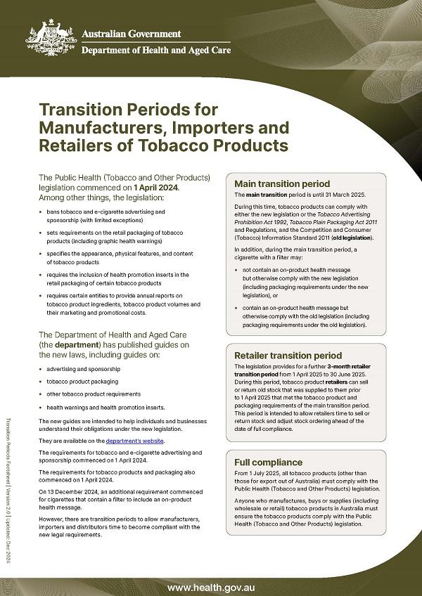 Transition periods for manufacturers, importers, and retailers of tobacco products