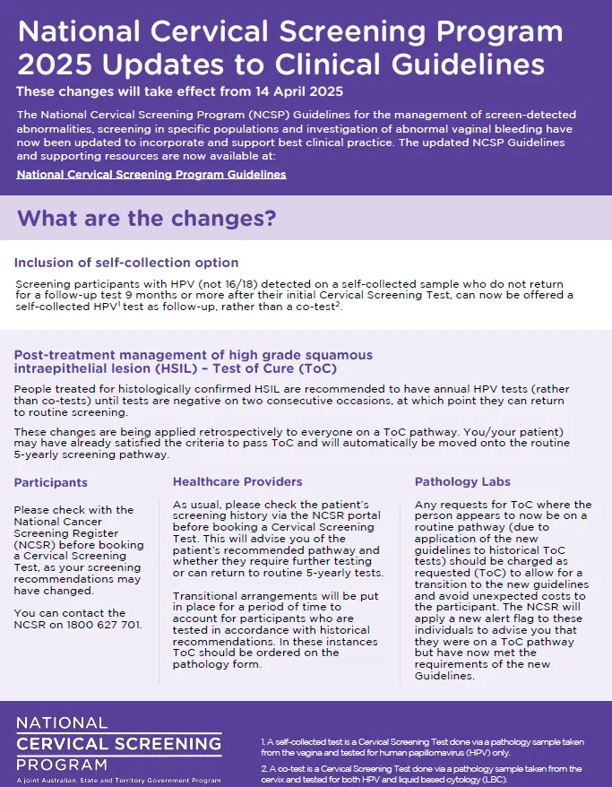 Update to National Cervical Screening Program Guidelines fact sheet