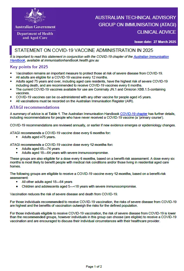ATAGI statement on the administration of COVID-19 vaccines in 2025