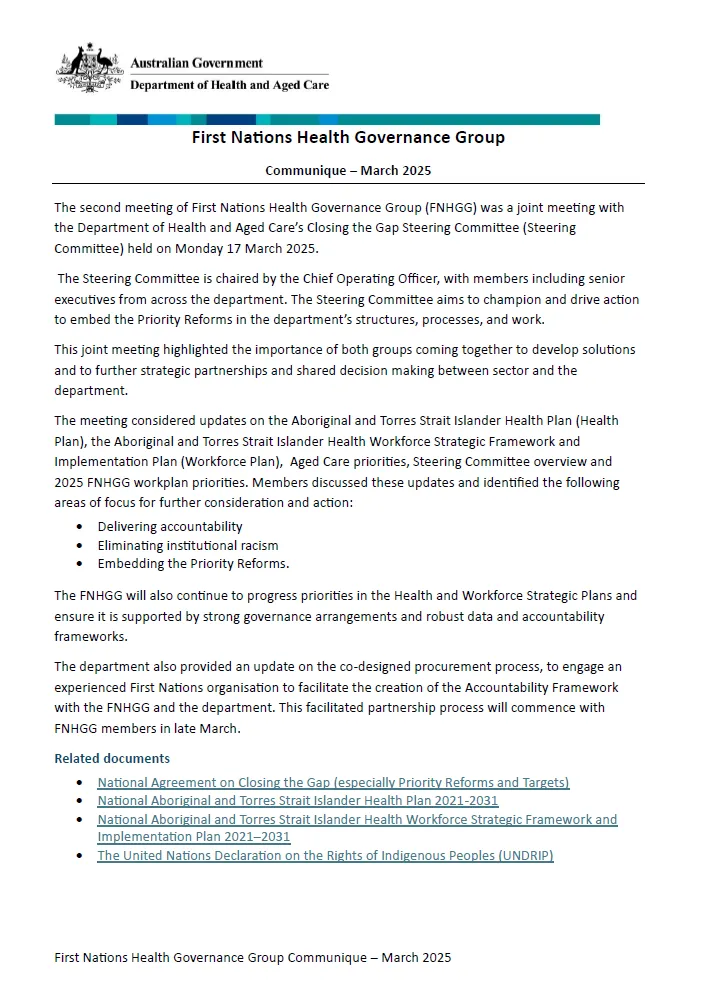 First Nations Health Governance Group (FNHGG) communique – April 2025