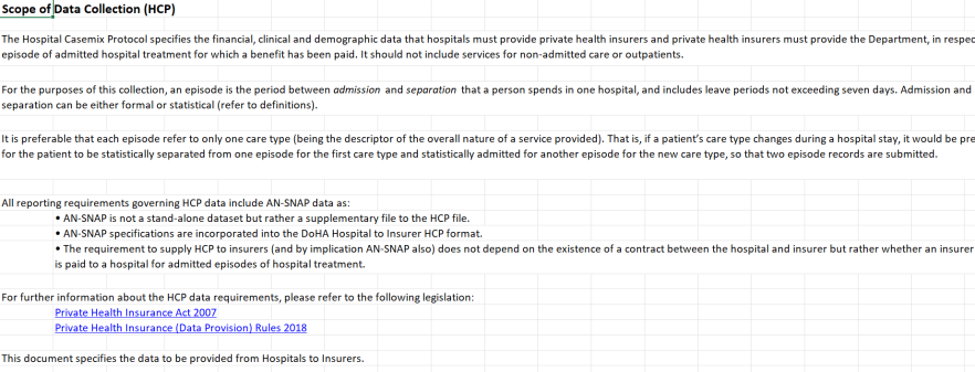 HCP data specifications – Hospital to insurer – 2025–26