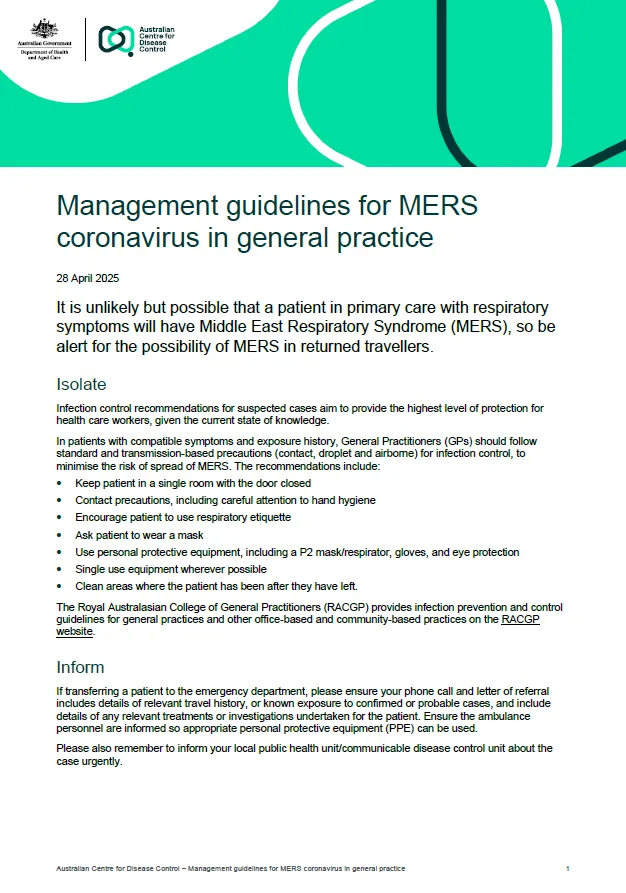 Management guidelines for MERS coronavirus in general practice