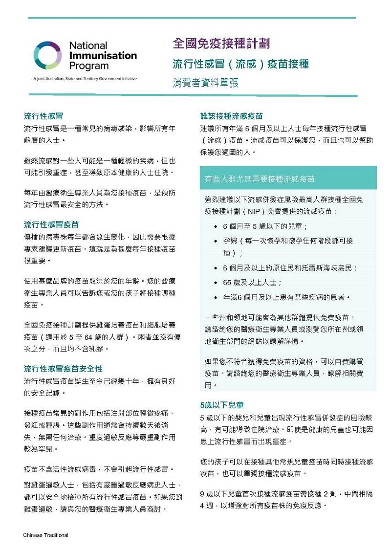 2025 influenza (flu) vaccination – Consumer fact sheet_Chinese Traditional