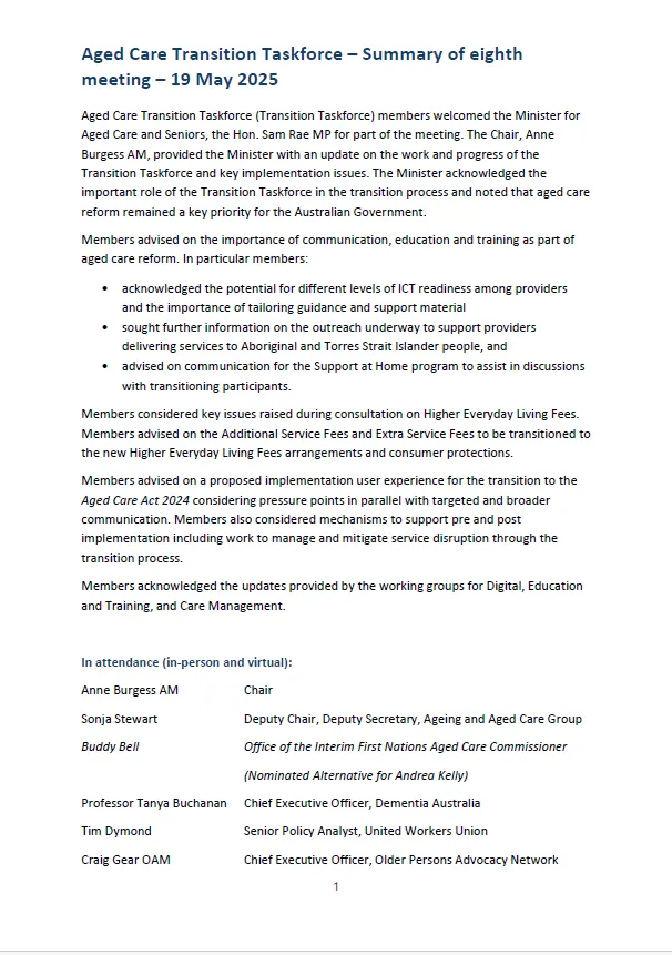 Aged Care Transition Taskforce – Summary of eighth meeting – 19 May 2025