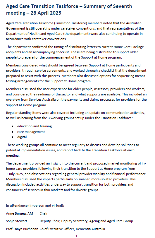 Aged Care Transition Taskforce – Summary of Seventh meeting