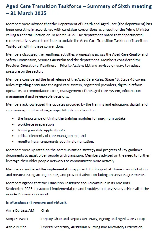 Aged Care Transition Taskforce – Summary of Sixth meeting – 31 March 2025