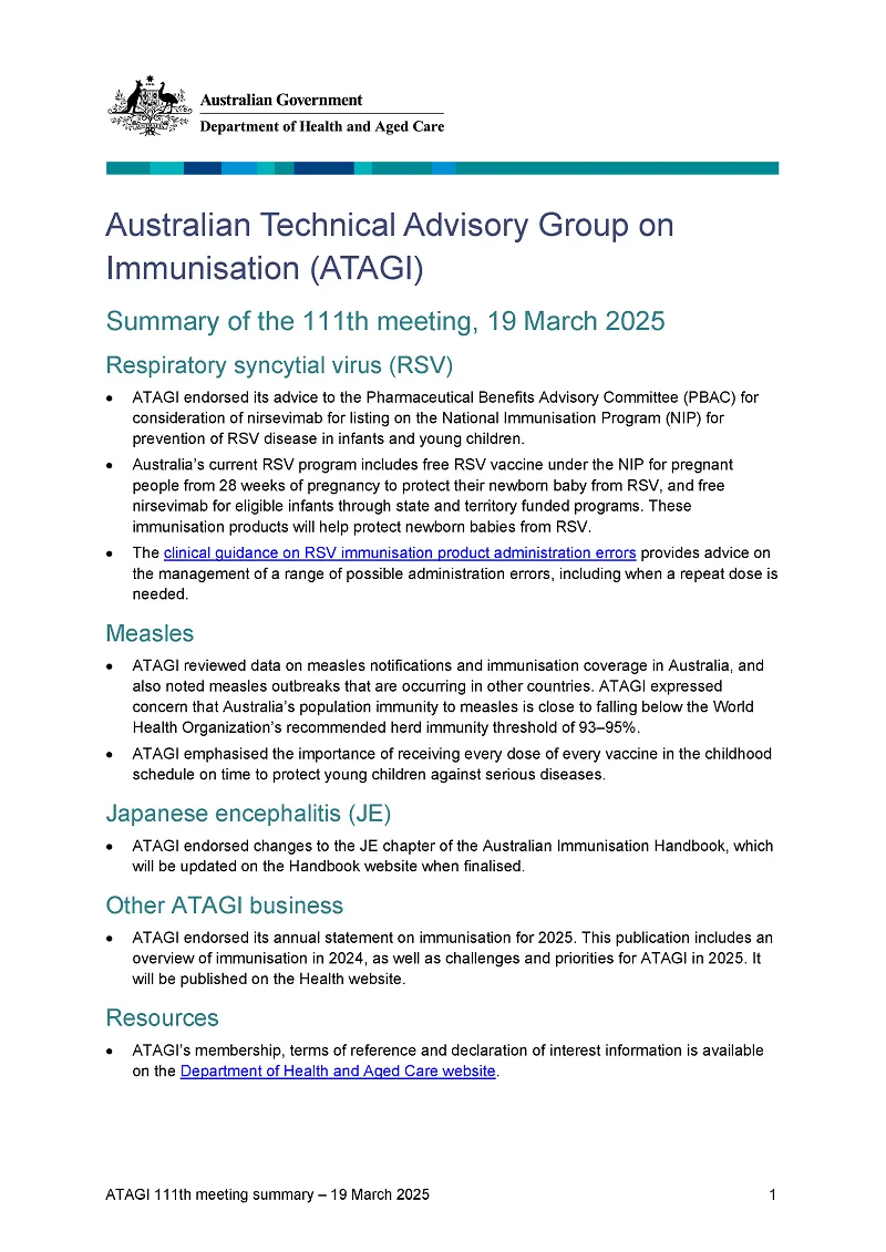 Australian Technical Advisory Group on Immunisation (ATAGI) Bulletin-01 (26 Mar 2025)
