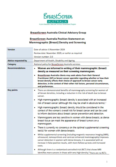 Cover page for the BSA Position statement on mammographic (breast) density and screening