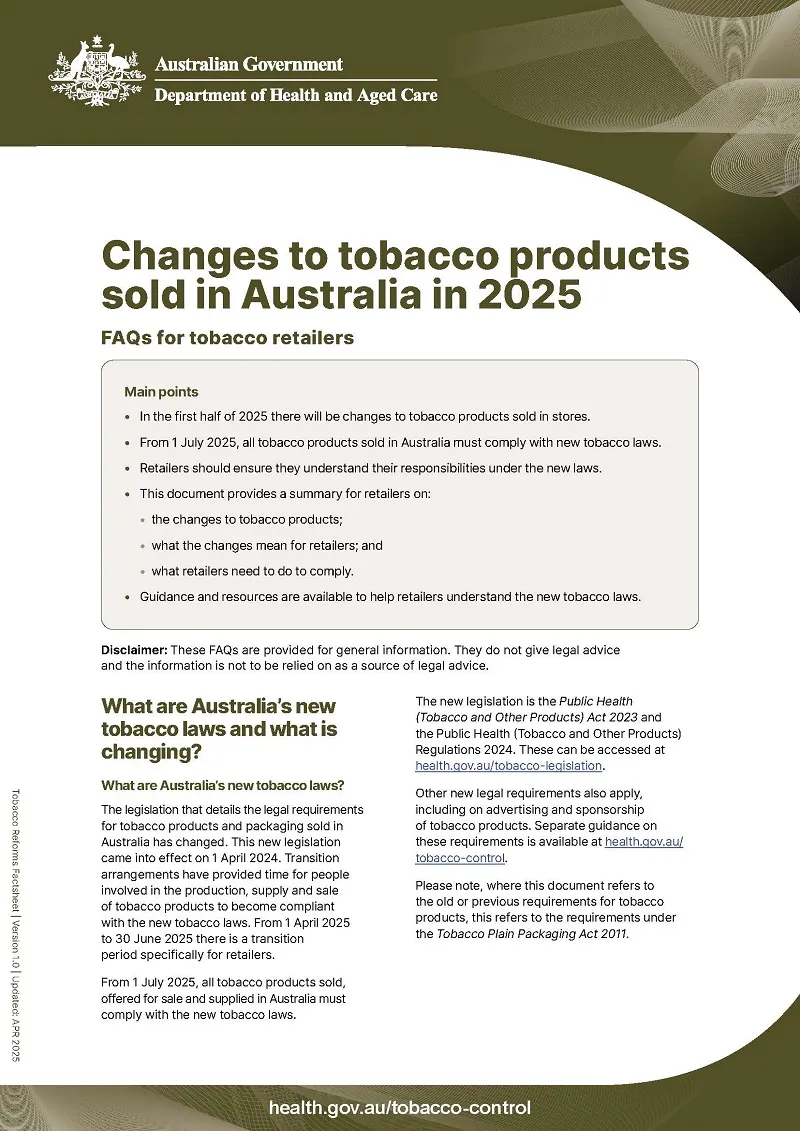 Changes to tobacco products sold in Australia in 2025