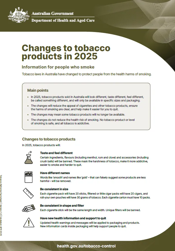 Cover page for Changes to tobacco products in 2025