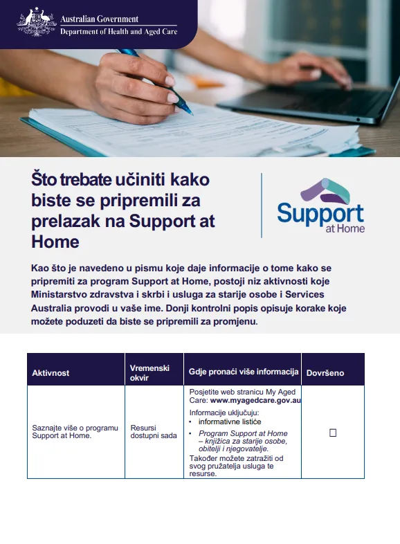 Croatian cover page for the Support at home Checklist
