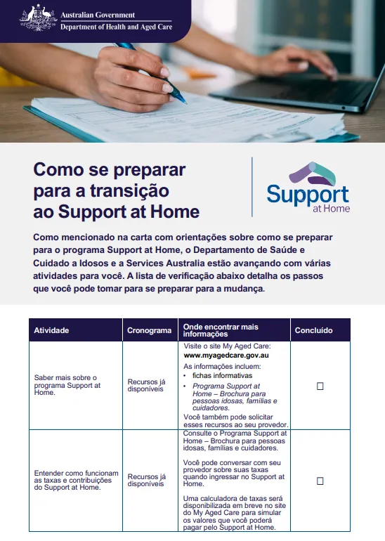 Portuguese cover page for the Support at Home Checklist
