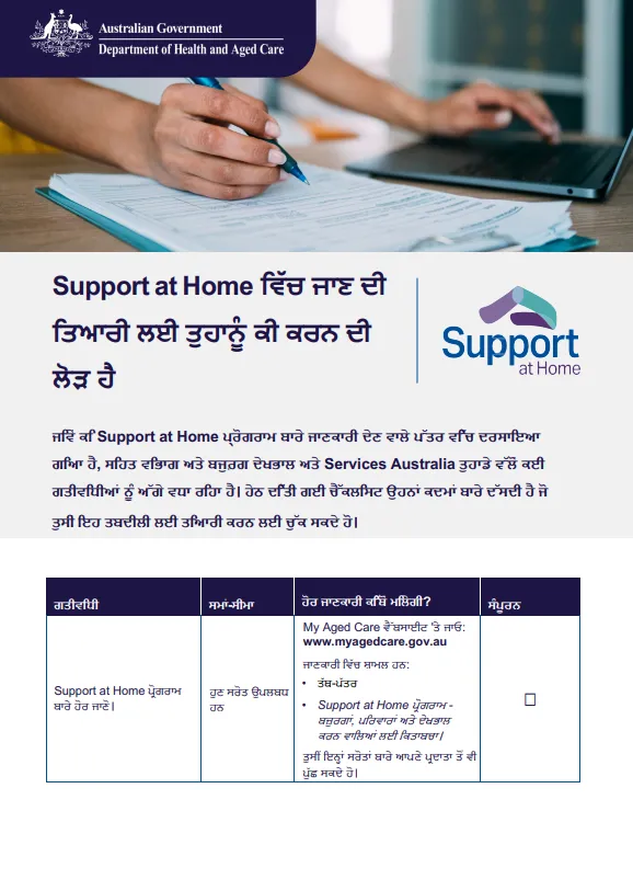 Punjabi cover page for the Support at home Checklist