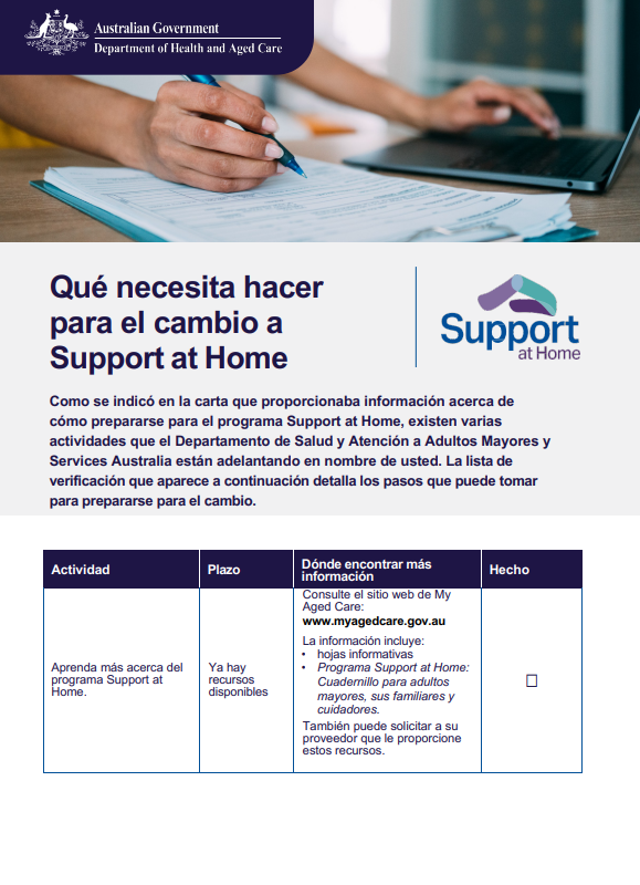 Spanish cover page for the Support at home Checklist