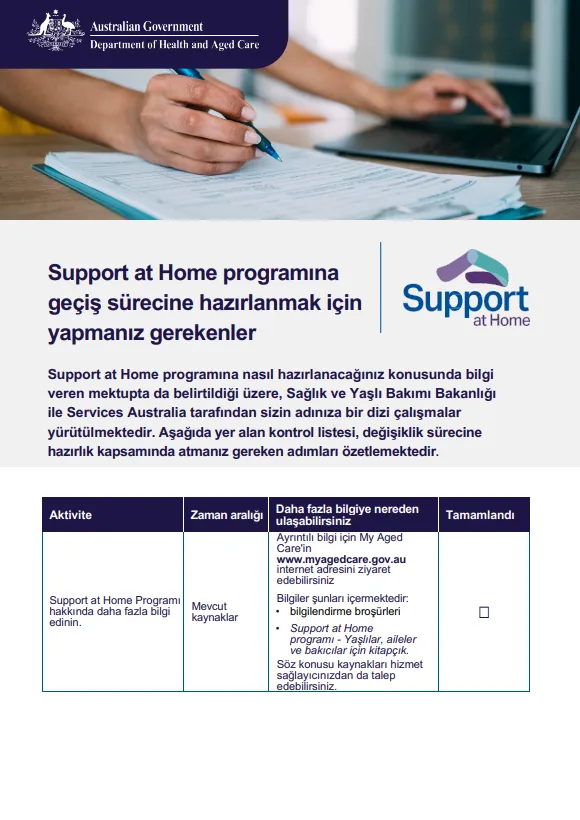 Turkish cover page for the Support at home Checklist