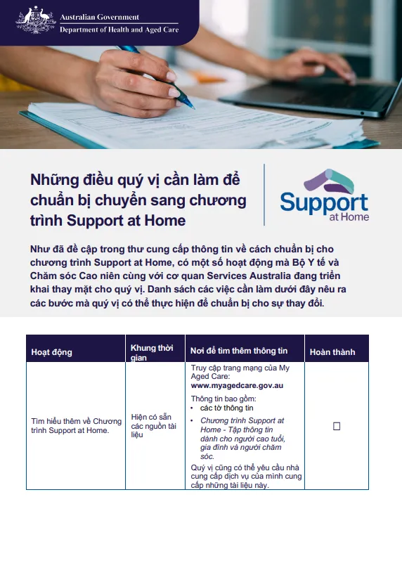 Vietnamese cover page for the Support at Home Checklist