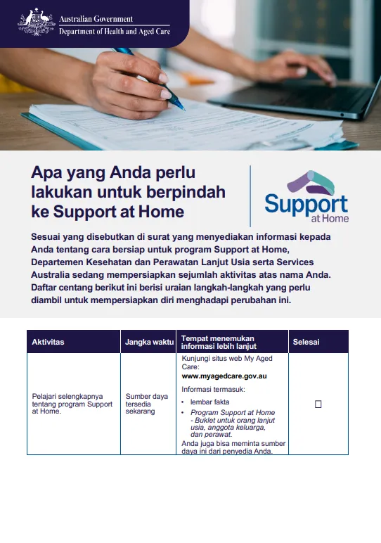 Indonesian cover page for the Support at Home Checklist