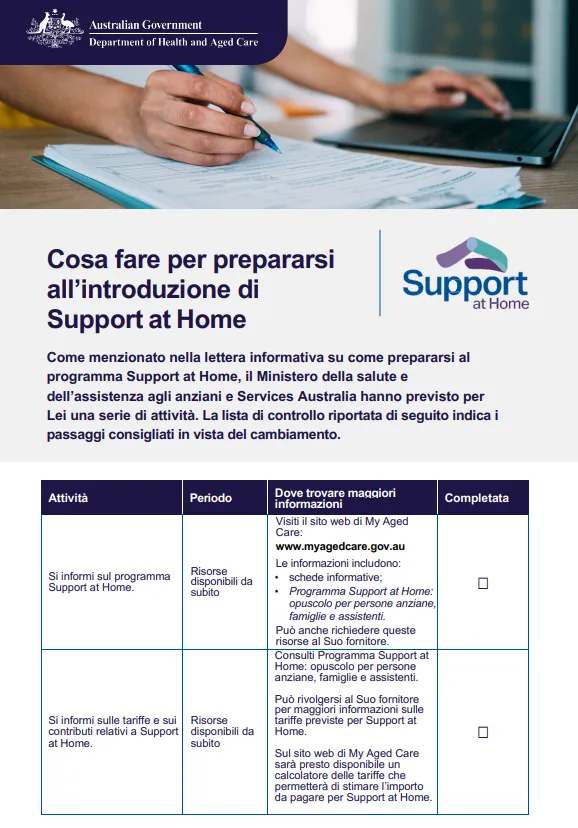 Italian cover page for the Support at Home Checklist