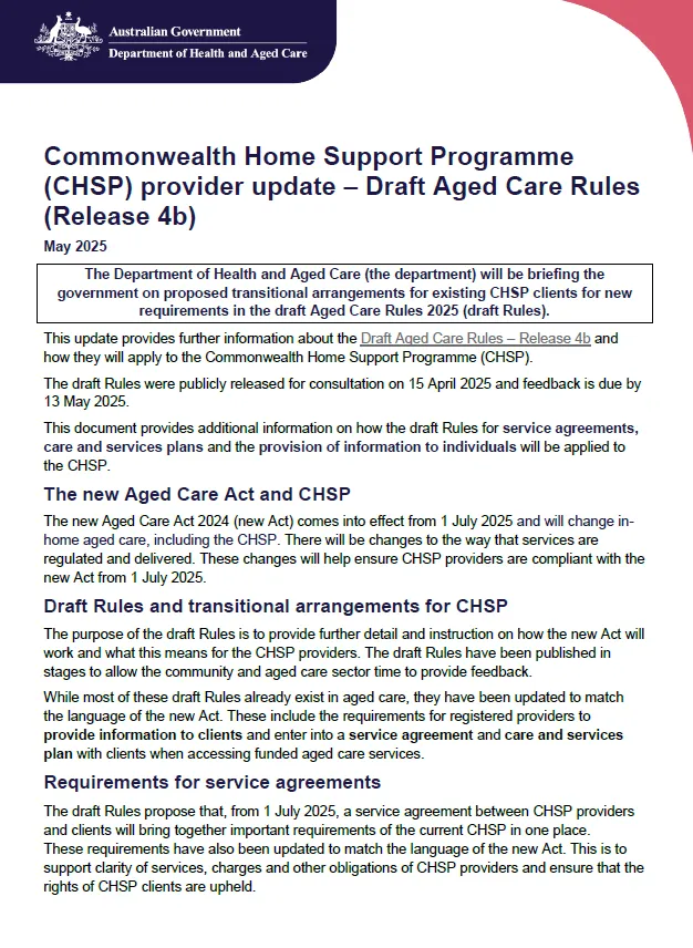 CHSP provider update – Draft Aged Care Rules (Release 4b)