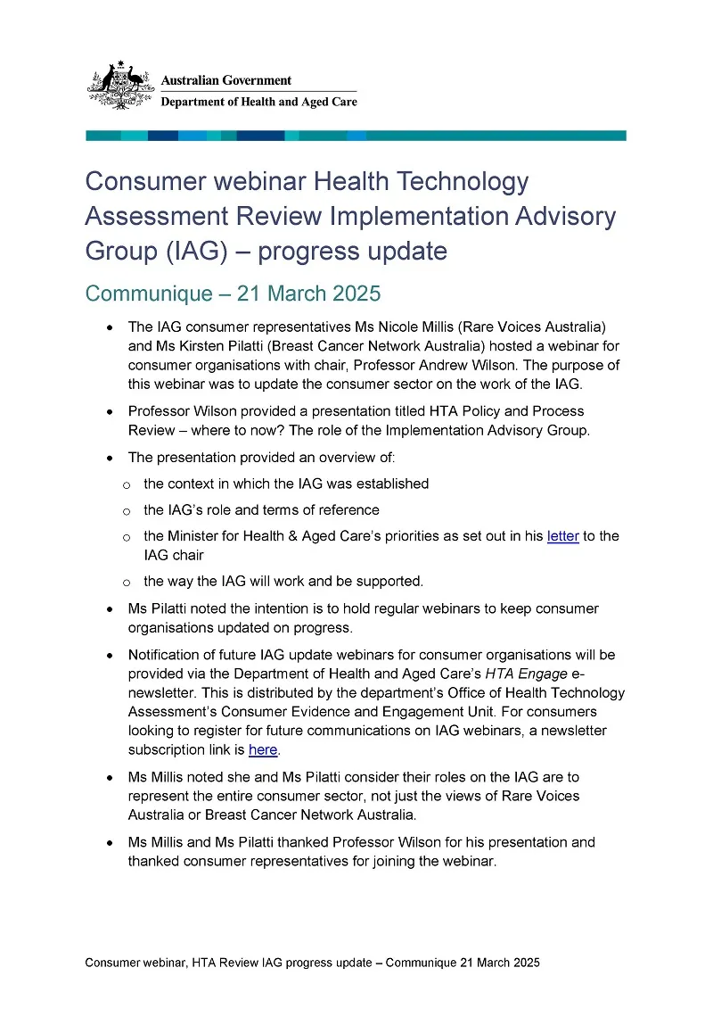 Health Technology Assessment Review Implementation Advisory Group (IAG) – progress update