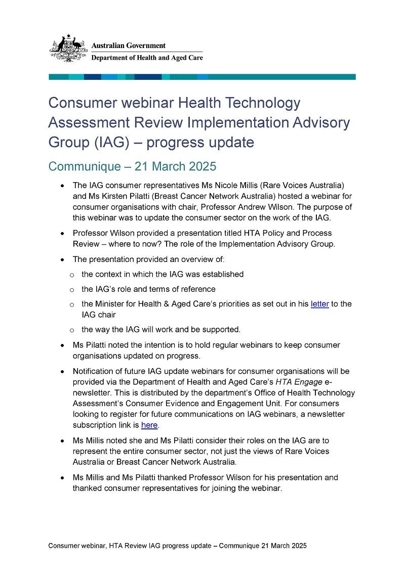 Health Technology Assessment Review Implementation Advisory Group (IAG) – progress update