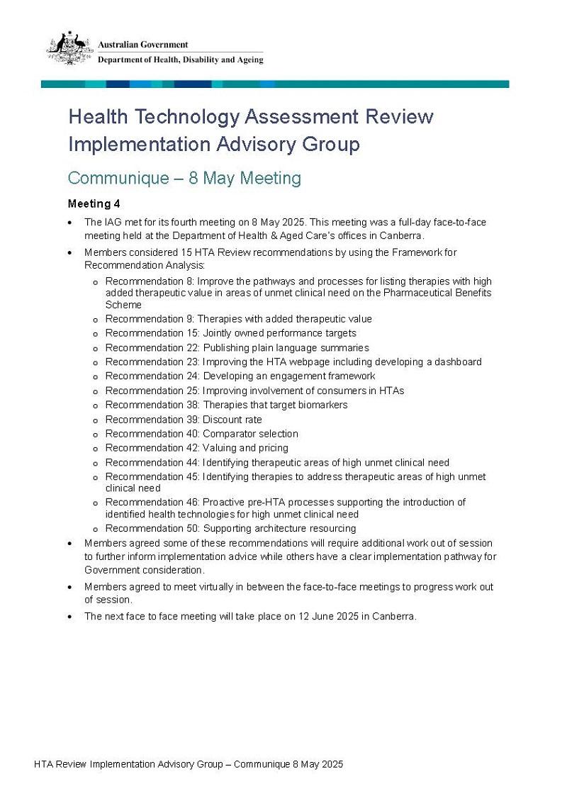 HTA Review Implementation Advisory Group Communique (8 May 2025)
