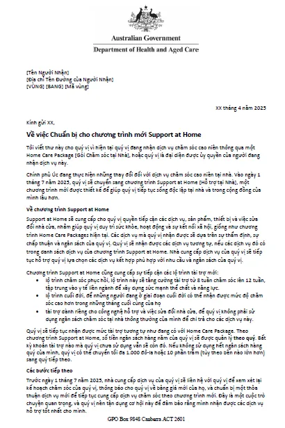 Vietnamese Letter to older people approved for Home Care Packages after 12 September 2024