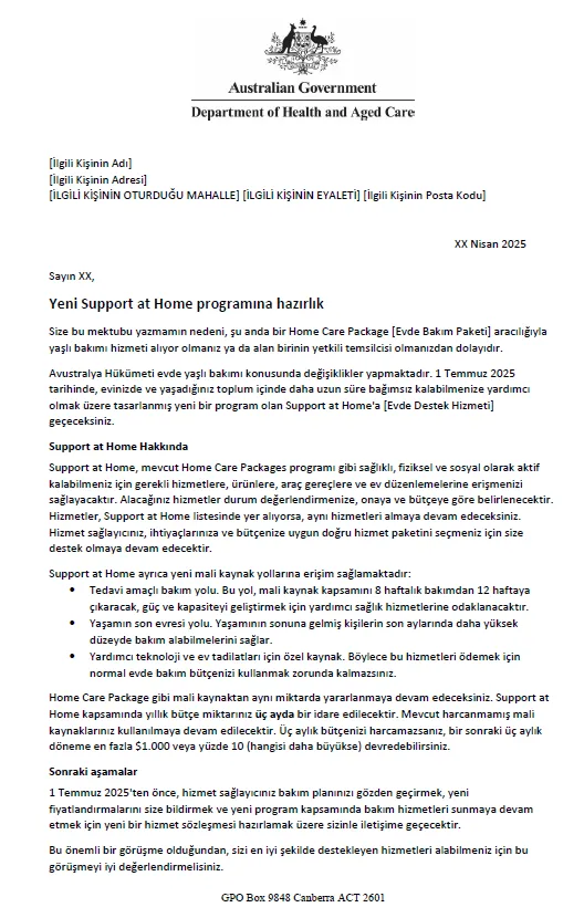 Turkish Letter to older people approved for Home Care Packages after 12 September 2024