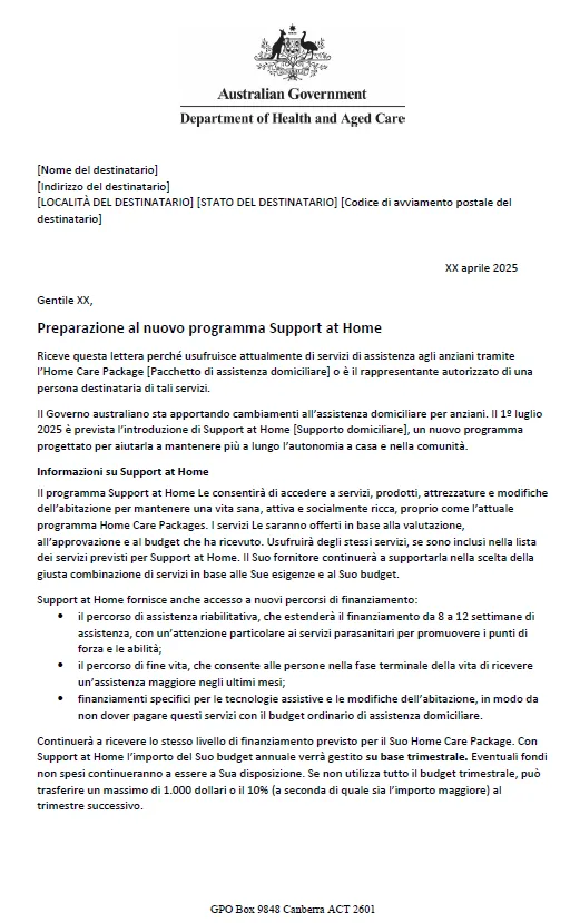Italian Letter to older people approved for Home Care Packages after 12 September 2024