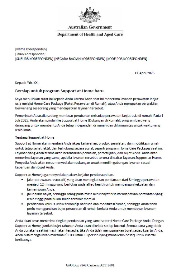 Indonesian Letter to older people approved for Home Care Packages after 12 September 2024