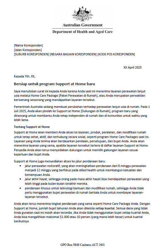 Indonesian Letter to older people approved for Home Care Packages after 12 September 2024