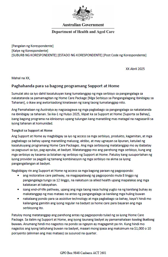 Filipino Letter to older people approved for Home Care Packages after 12 September 2024