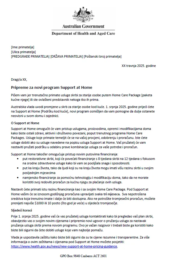 Croatian Letter to older people approved for Home Care Packages after 12 September 2024