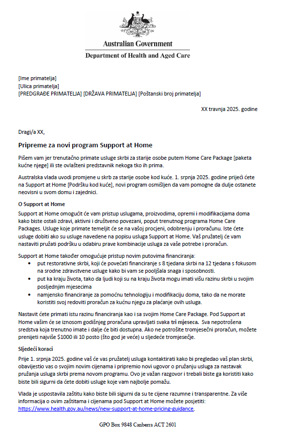 Croatian Letter to older people approved for Home Care Packages after 12 September 2024