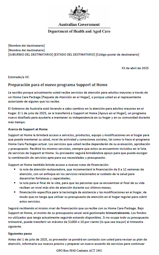 Spanish Letter to older people approved for Home Care Packages after 12 September 2024