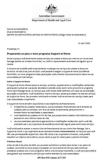 Portuguese Letter to older people approved for Home Care Packages after 12 September 2024