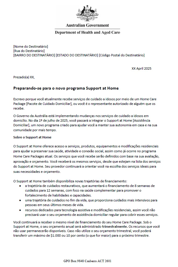 Portuguese Letter to older people approved for Home Care Packages before 12 September 2024