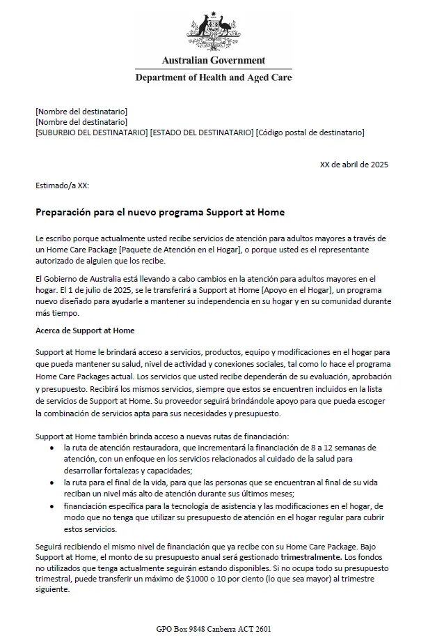 Spanish Letter to older people approved for Home Care Packages before 12 September 2024
