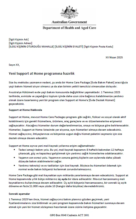 Turkish Letter to older people approved for Home Care Packages before 12 September 2024