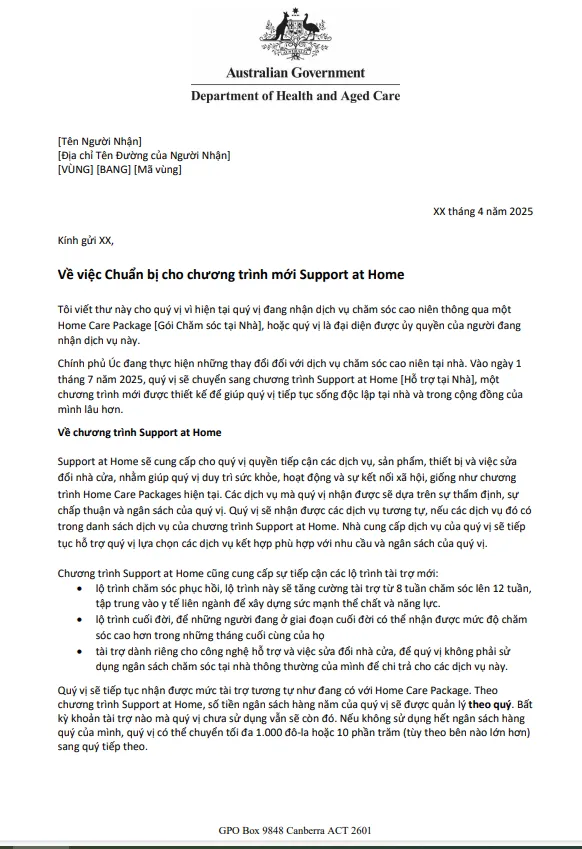 Vietnamese Letter to older people approved for Home Care Packages before 12 September 2024