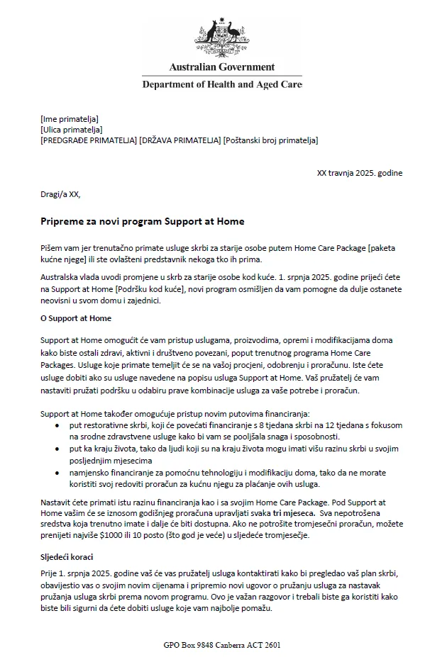 Croatian Letter to older people approved for Home Care Packages before 12 September 2024