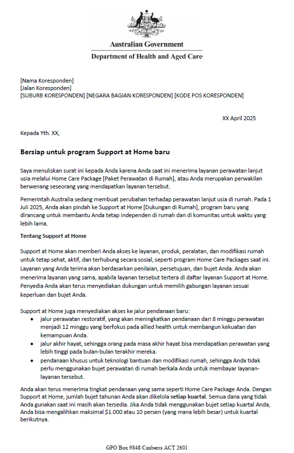 Indonesian Letter to older people approved for Home Care Packages before 12 September 2024