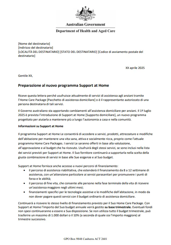 Italian Letter to older people approved for Home Care Packages before 12 September 2024