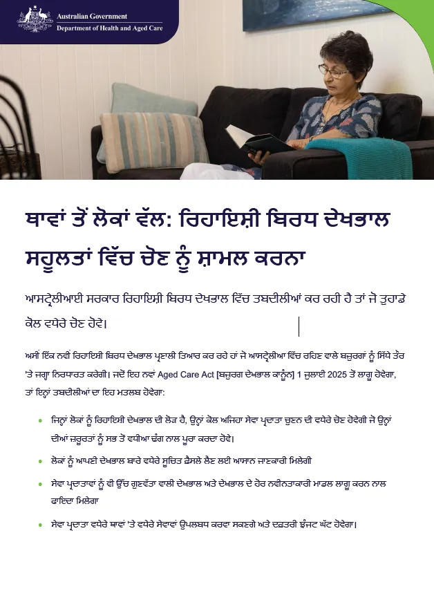 Punjabi cover page for Places to people – Embedding choice in residential aged care