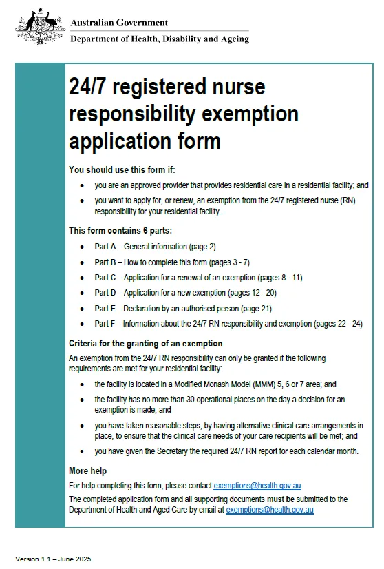 Cover image 24-7 registered nurse responsibility exemption application form (June 2025)