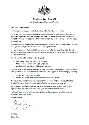 Cover image of the open letter to aged care providers from the Minister for Aged Care and Seniors